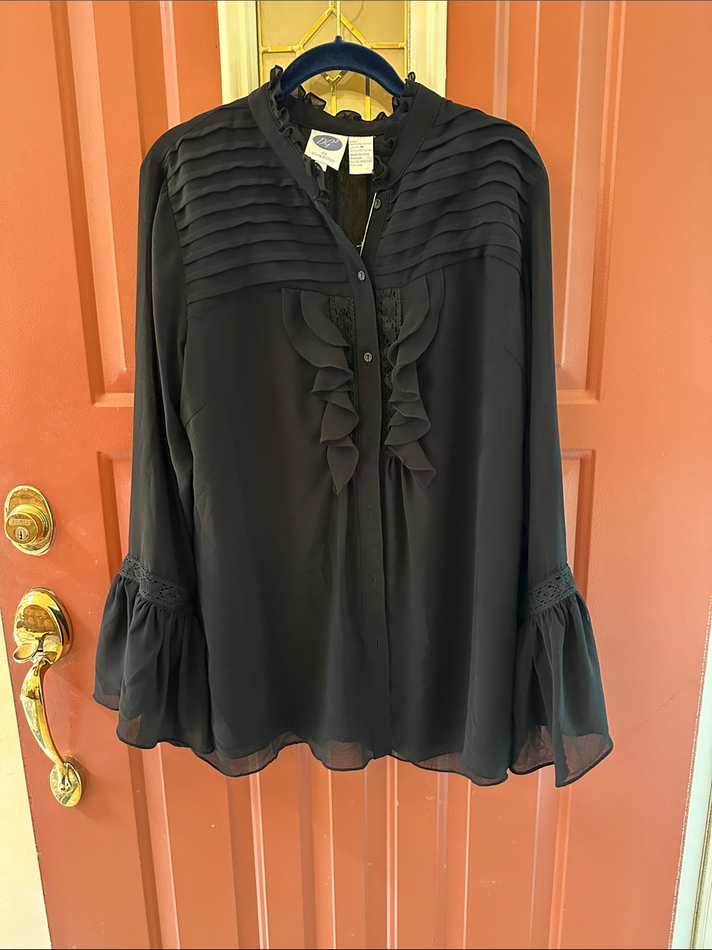 DG2 by Diane Gilman Black Ruffled Pintuck Blouse